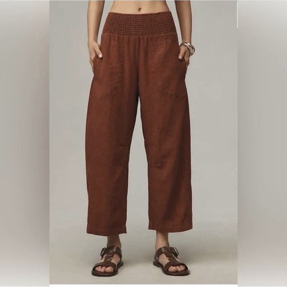 PILCRO Reese Wide Rust Sz L Smocked Linen Blend Cropped Barrel Pants Lagenlook